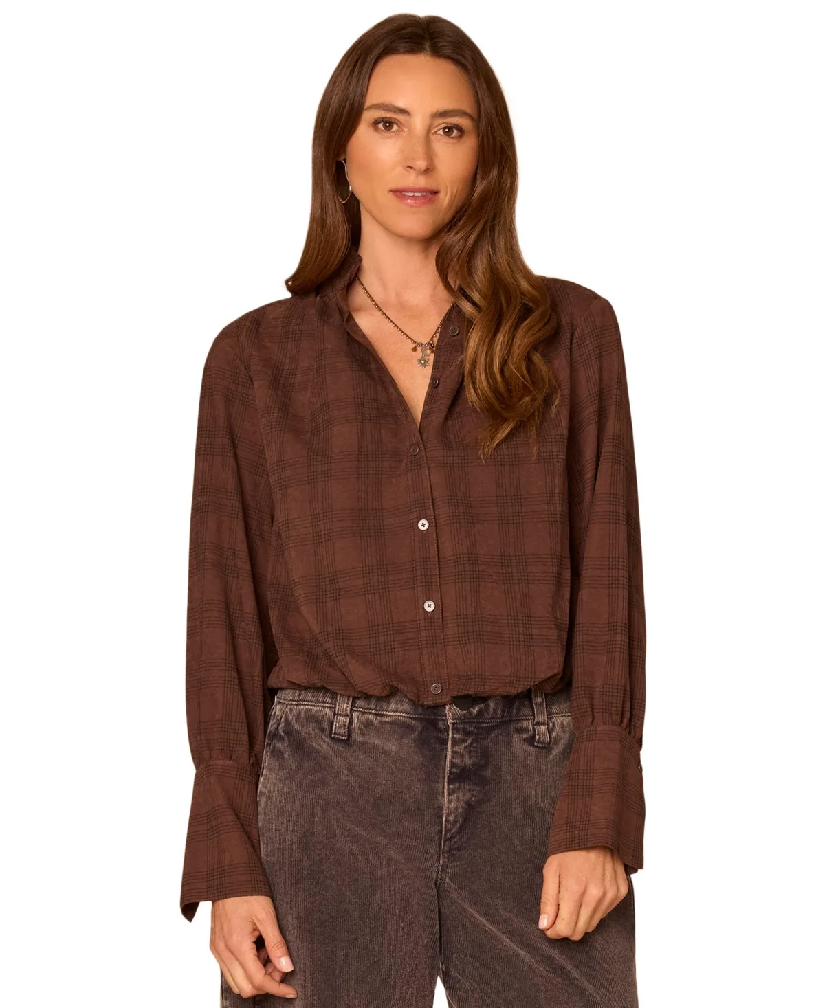 Plaid French-Cuff Ruffle-Neck Faux Suede Blouse by Democracy