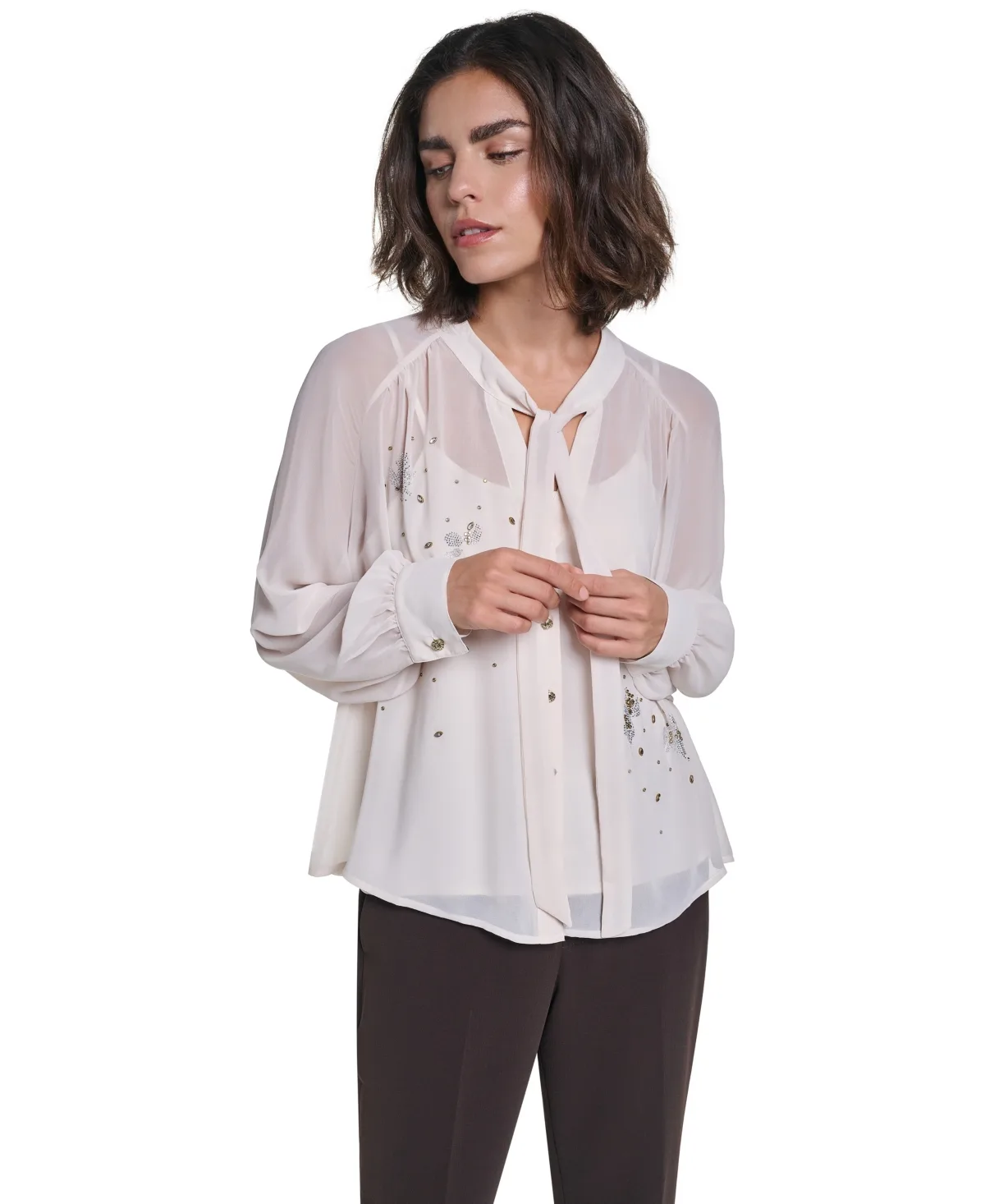 Tie Neck Long-Sleeve Chiffon Blouse by Karl Lagerfeld