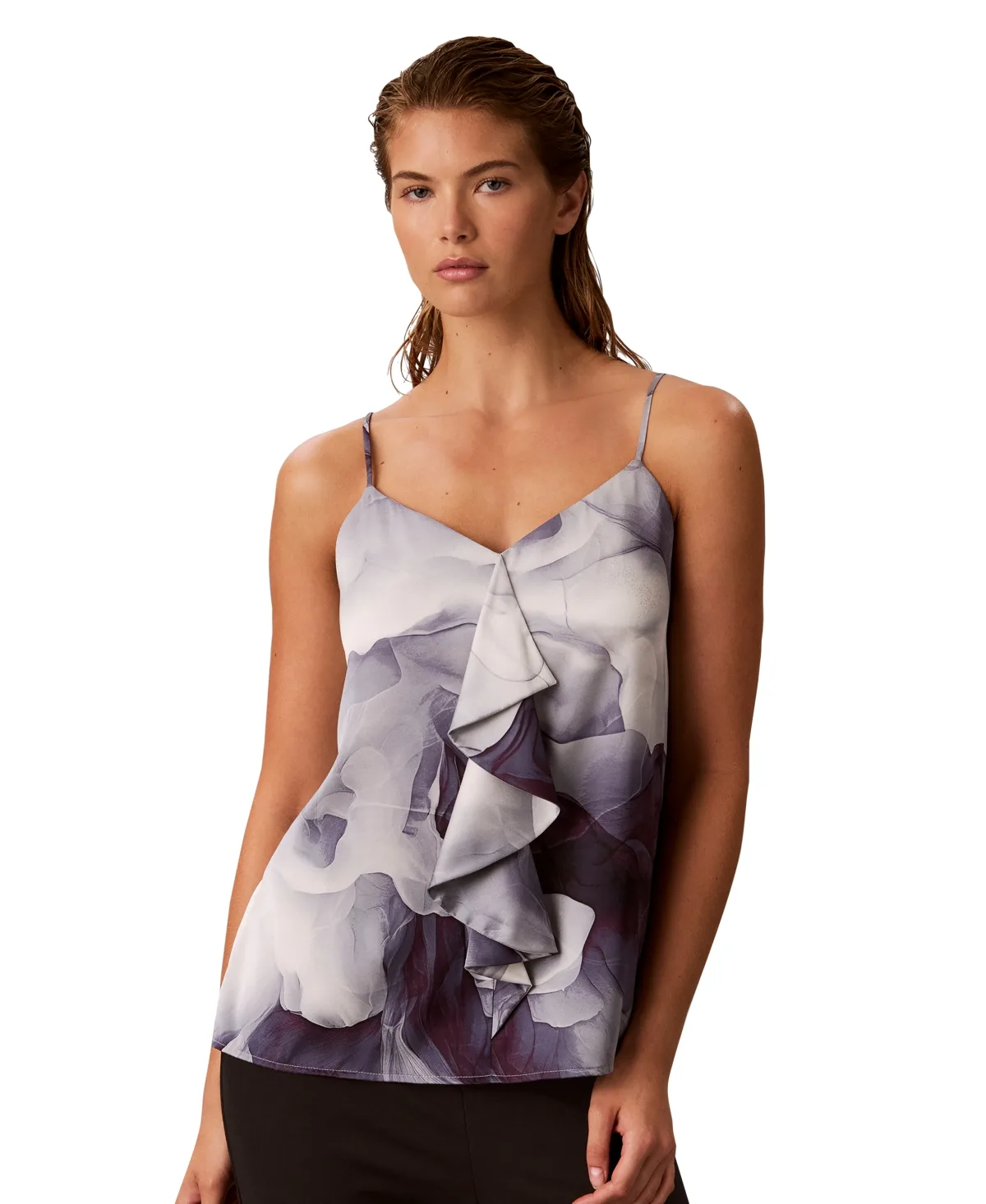 V-Neck Ruffle-Front Satin Camisole by Calvin Klein