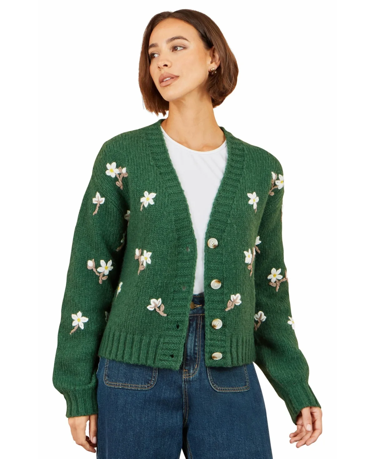 Hand-Embroidered Chunky Knit Floral Cardigan by Yumi