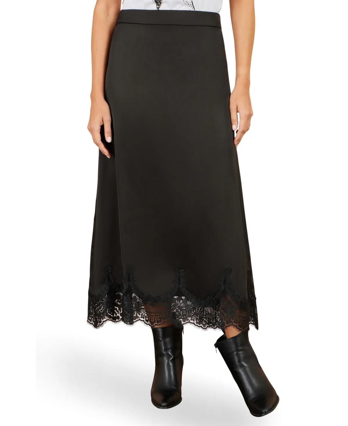 High-Waisted Midi Lace-Trim Skirt by Yumi