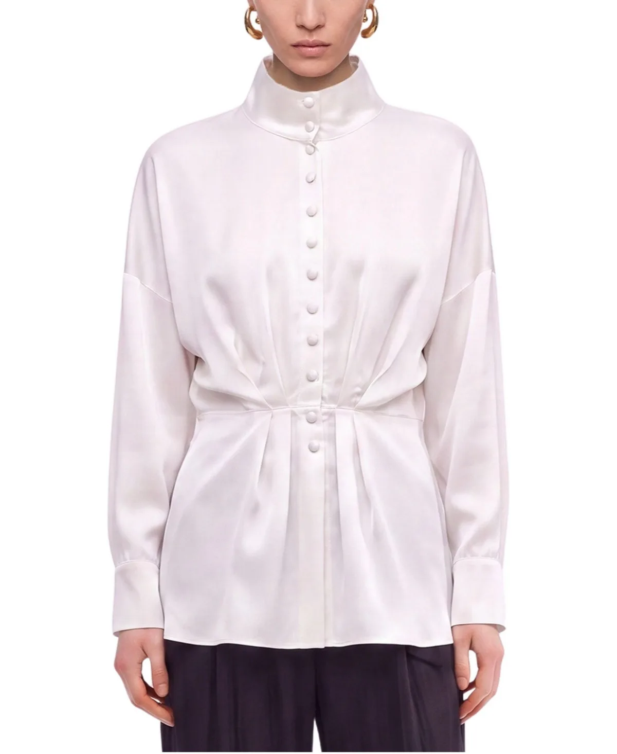 Long-Sleeve Button-Up Tie-Detail Blouse by Nocturne