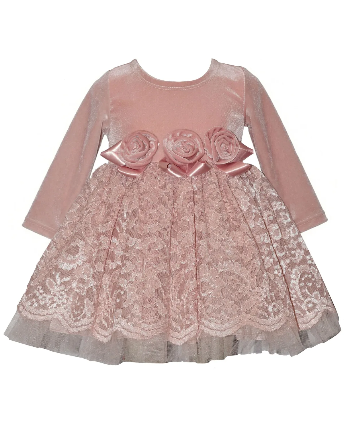Embroidered Velvet Lace Long-Sleeve Dress with Diaper Cover, 2-Piece Set by Bonnie Baby