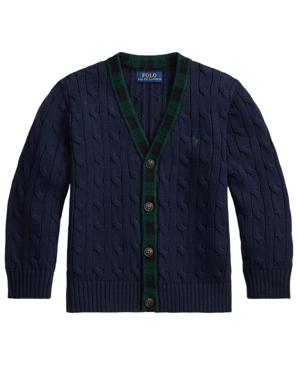 Cable-Knit Plaid-Trim Cardigan by Polo Ralph Lauren