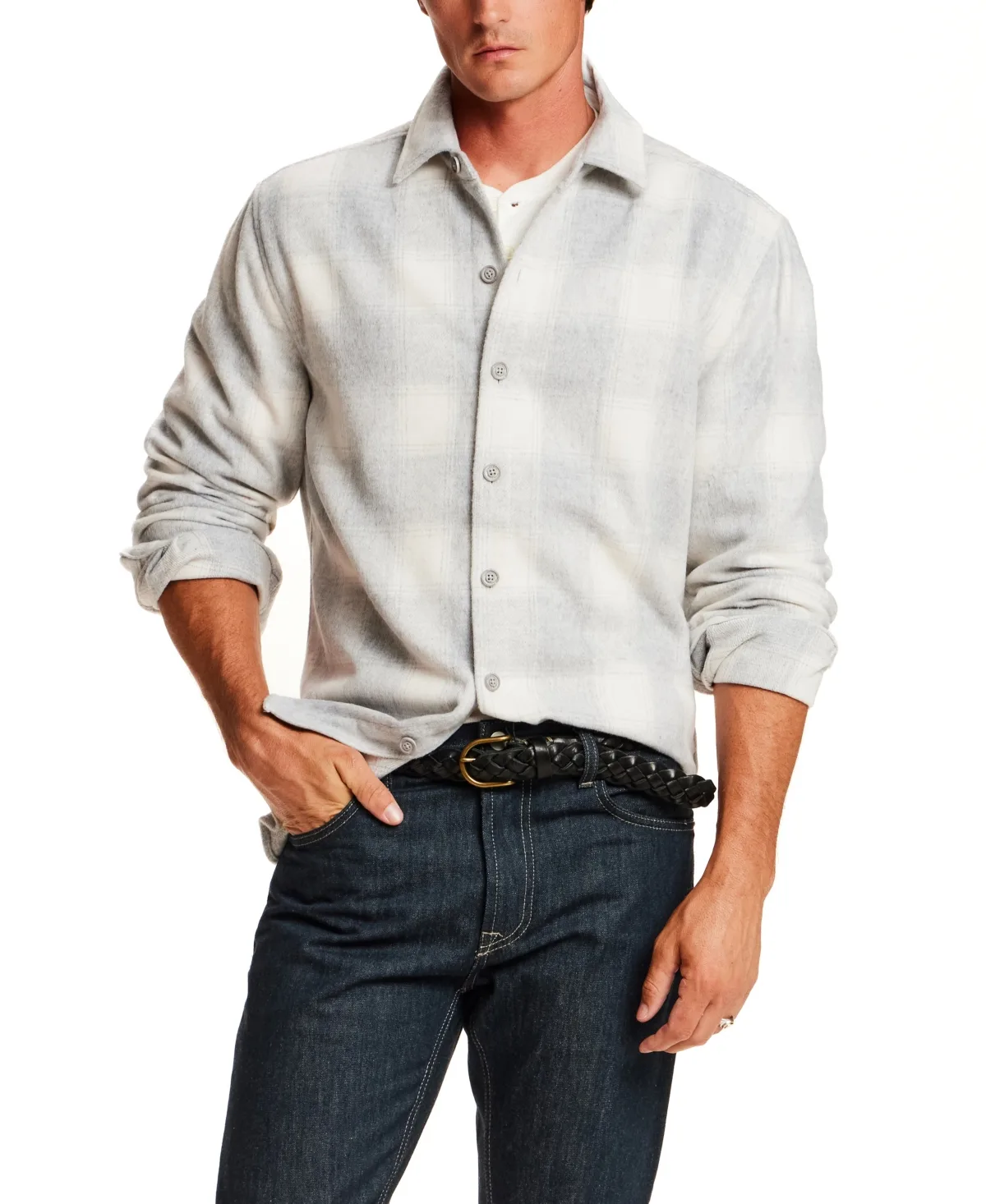 Brushed Plaid Faux-Wool Long-Sleeve Shirt by Vintage & Black