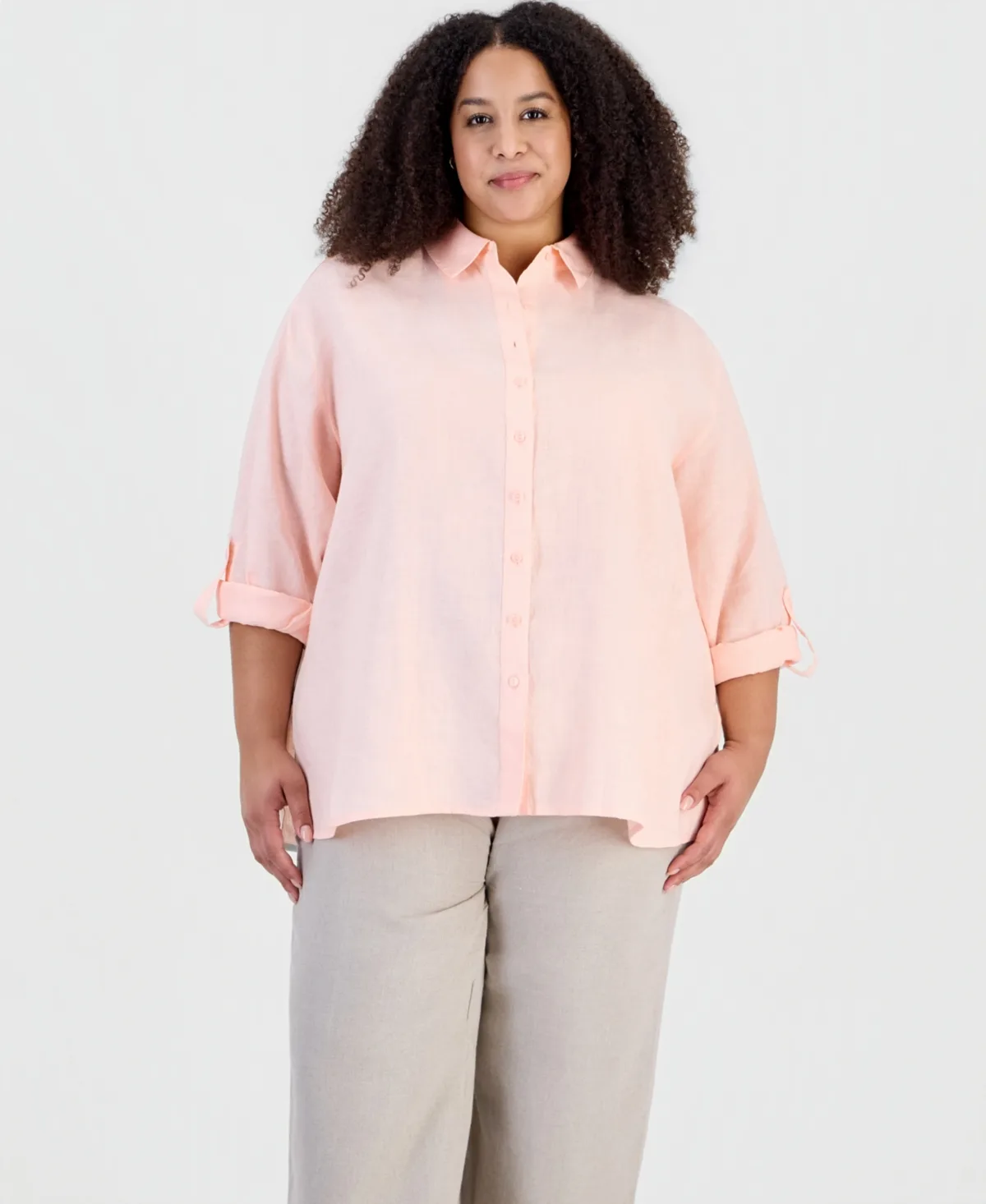 Linen Roll-Tab Sleeve Button-Front Tunic by Charter Club