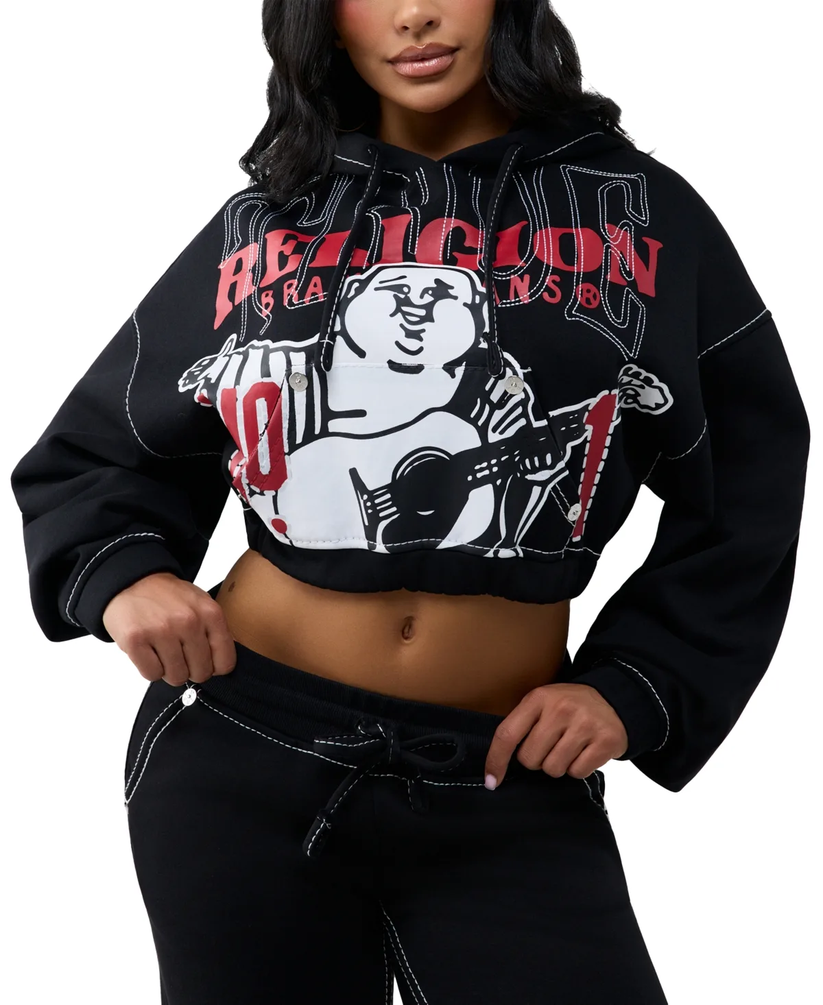 Cropped Graphic Zip-Up Cotton-Blend Long-Sleeve Hoodie by True Religion