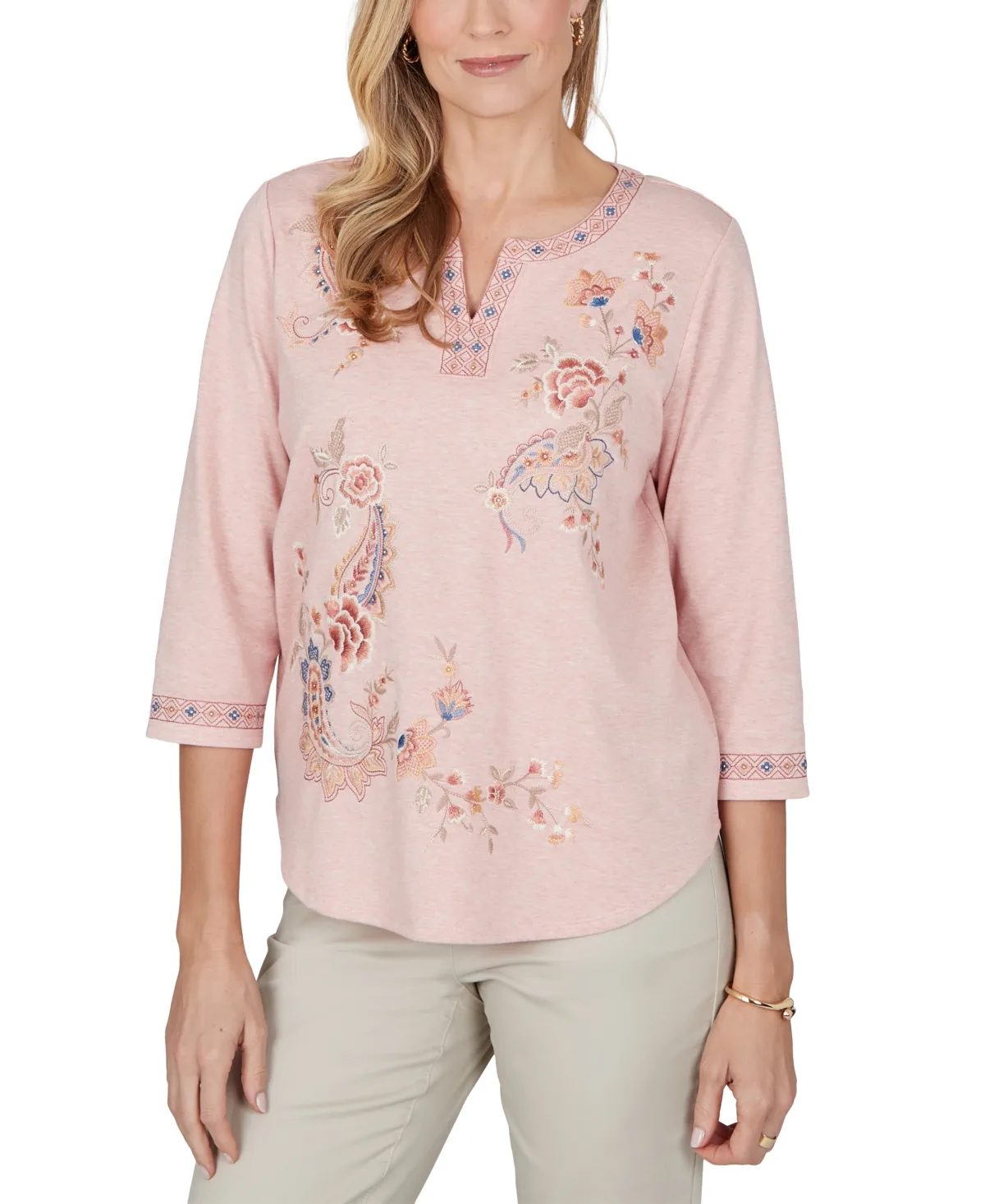 3/4-Sleeve Floral-Embroidered Henley Blouse by Alfred Dunner