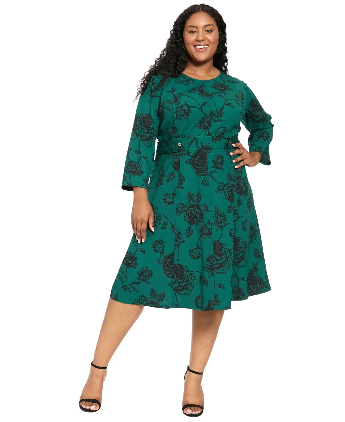 Printed Side Tab Floral 3/4-Sleeve Midi Dress by London Times