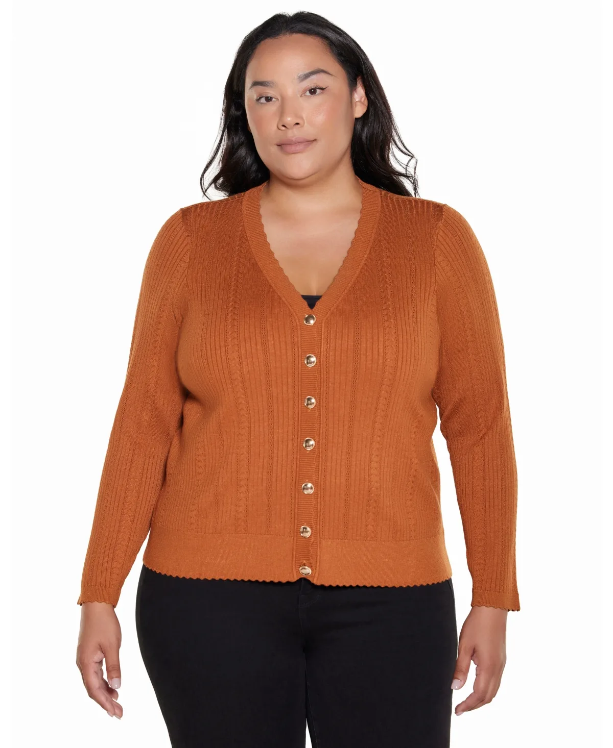 Scalloped-Edge V-Neck Button-Front Cardigan by Belldini