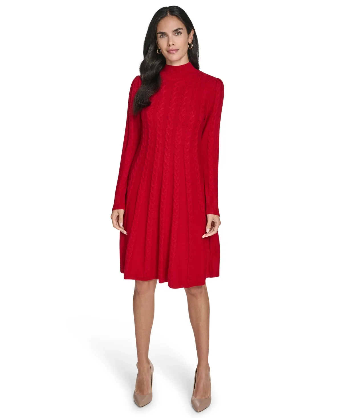Long-Sleeve Cable Fit & Flare Mock Neck Knee Length Dress by Jessica Howard