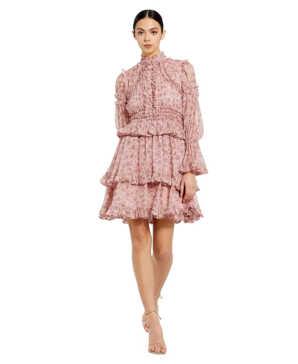 Mac Duggal Long Sleeve Open Front High Neck Ruffle Mini Dress by M.A.C.