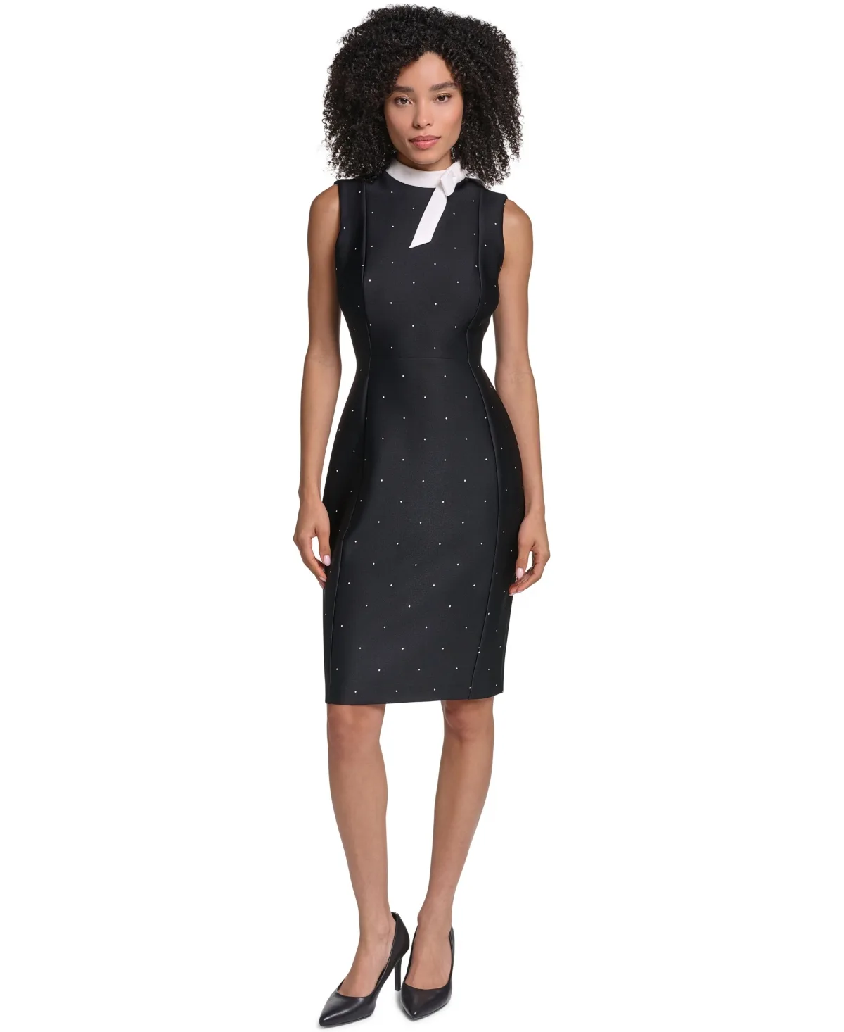 Polka-Dot Scuba Contrast Neck Bow Dress by Karl Lagerfeld