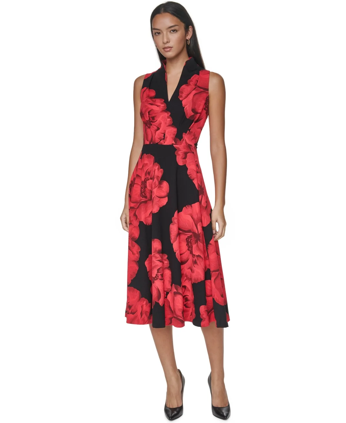 Floral-Print A-Line Split-Neck Midi Dress by Calvin Klein