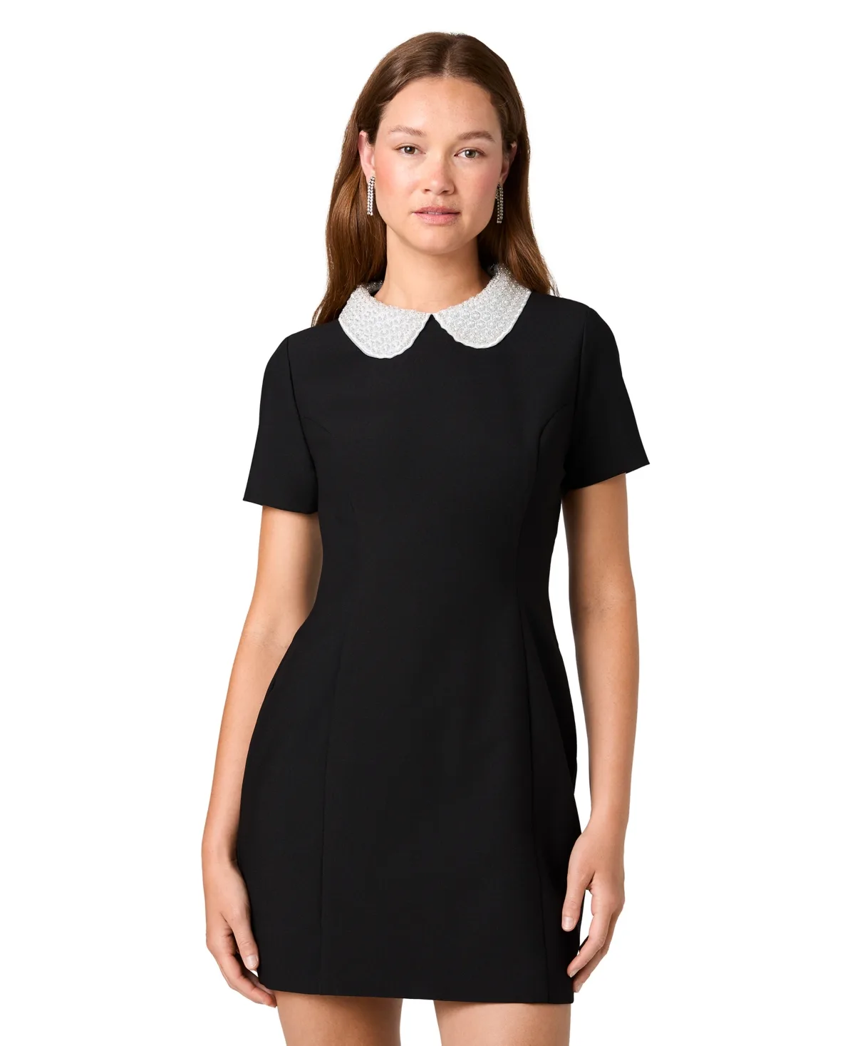 Shelby Twill Embellished-Collar Short-Sleeve Mini Dress