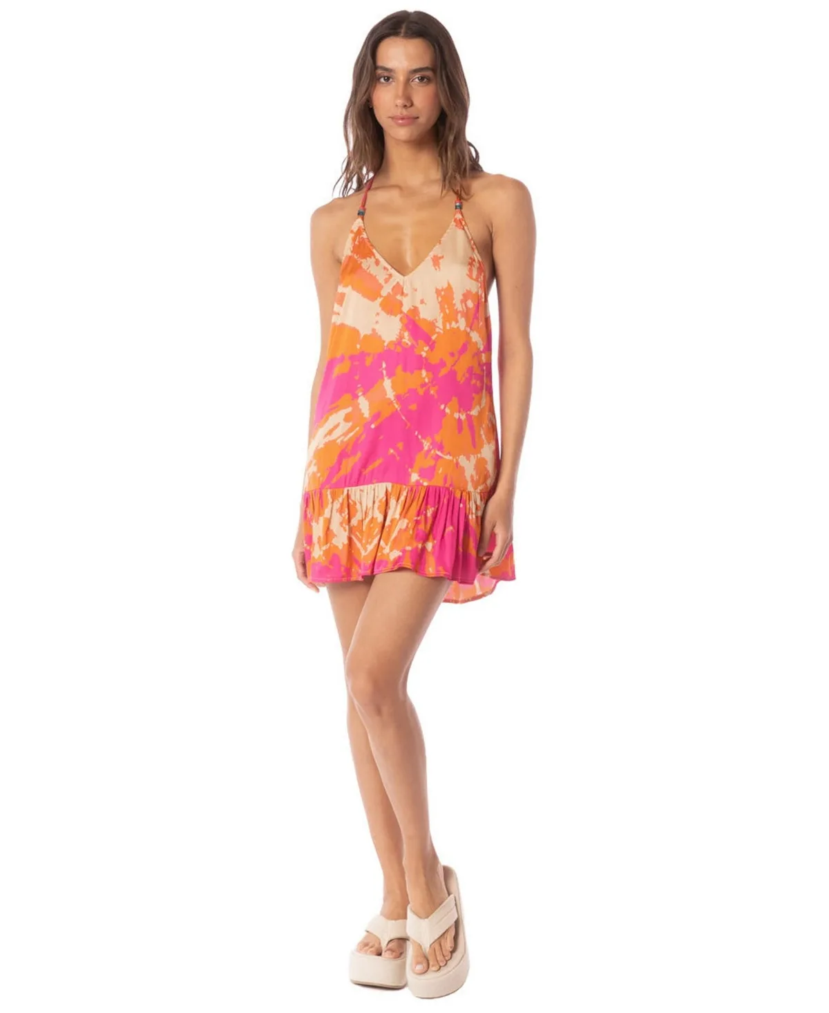 Linn Open-Back V-Neck Flounce Hem Mini Dress by Maaji