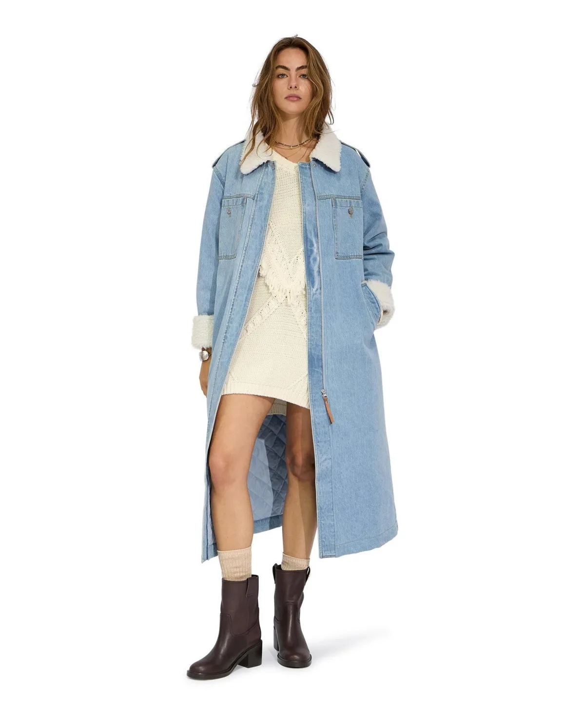 Chill Rider Faux Shearling Denim Longline Coat by Belle & Bloom