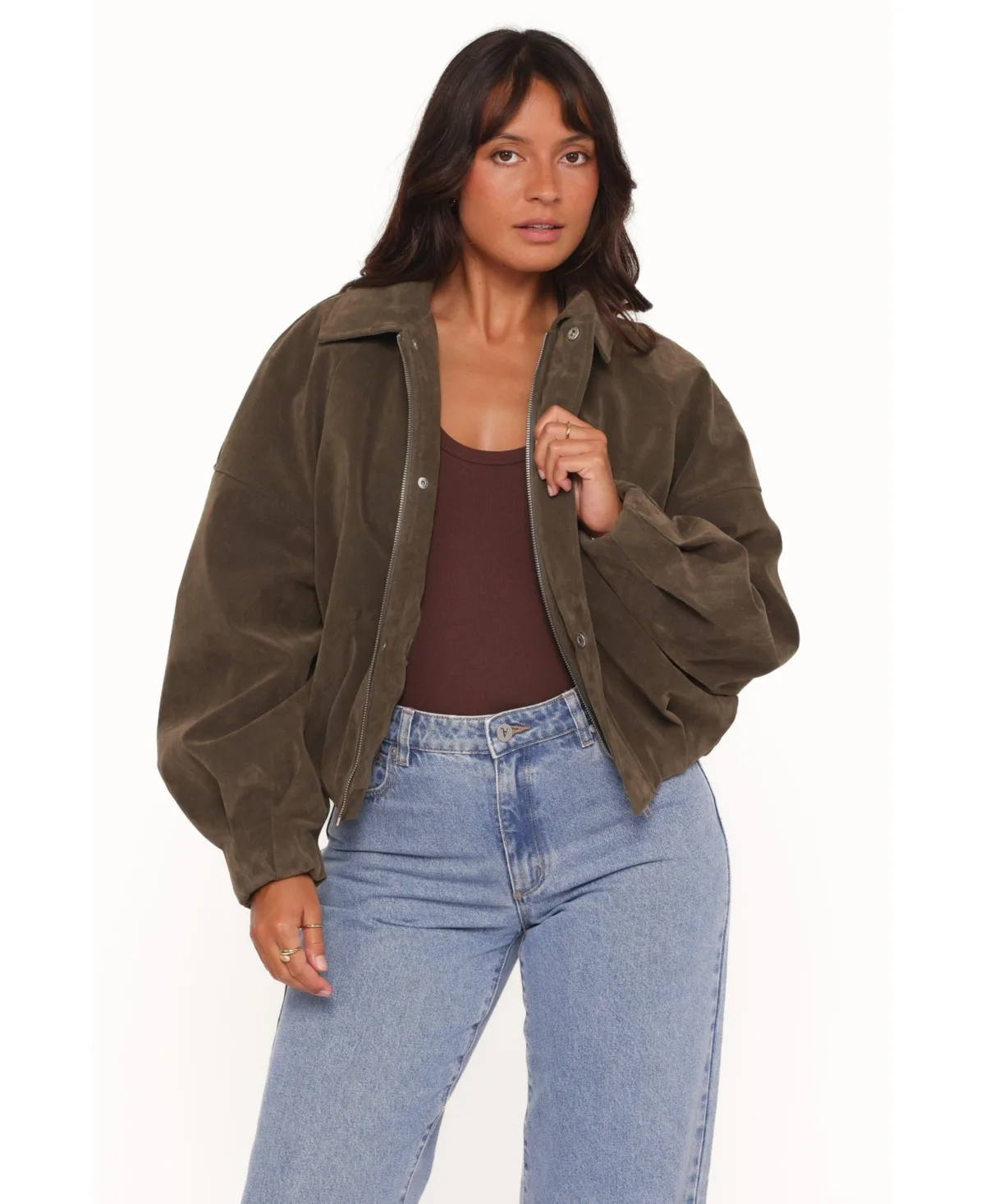 Jensen Faux Suede Collared Bomber Jacket by Petal and Pup