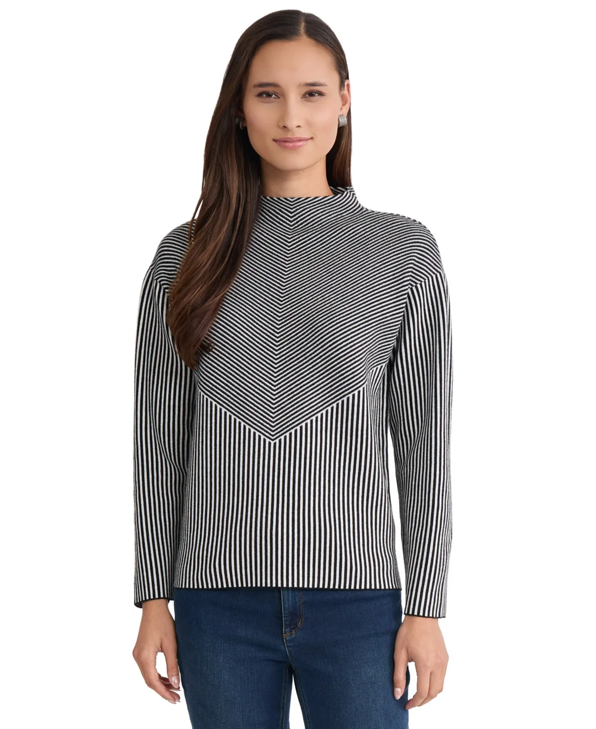 Striped Funnel Mock Neck Long-Sleeve Sweater by Jones New York