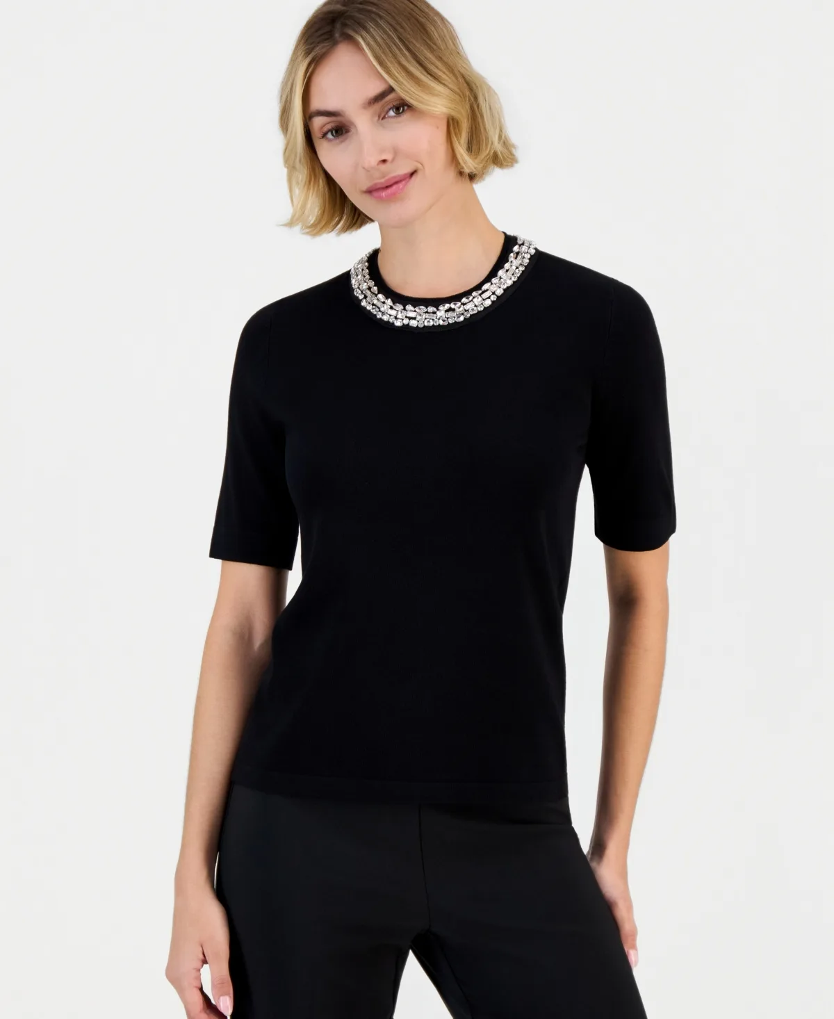 Rhinestone-Embellished Short-Sleeve Sweater by Anne Klein