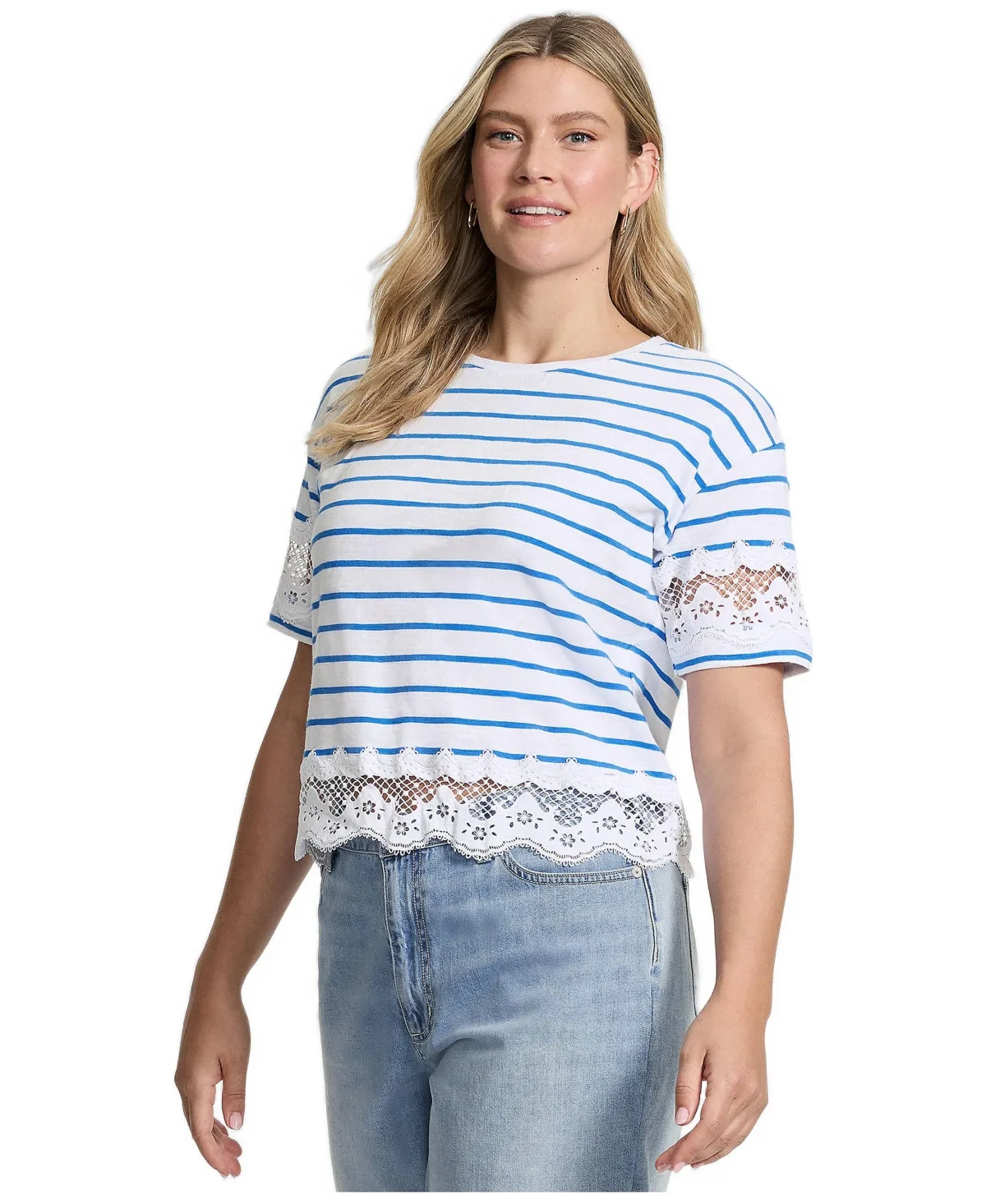 Short Sleeve Slub Jersey Cutwork T-Shirt by Lands' End