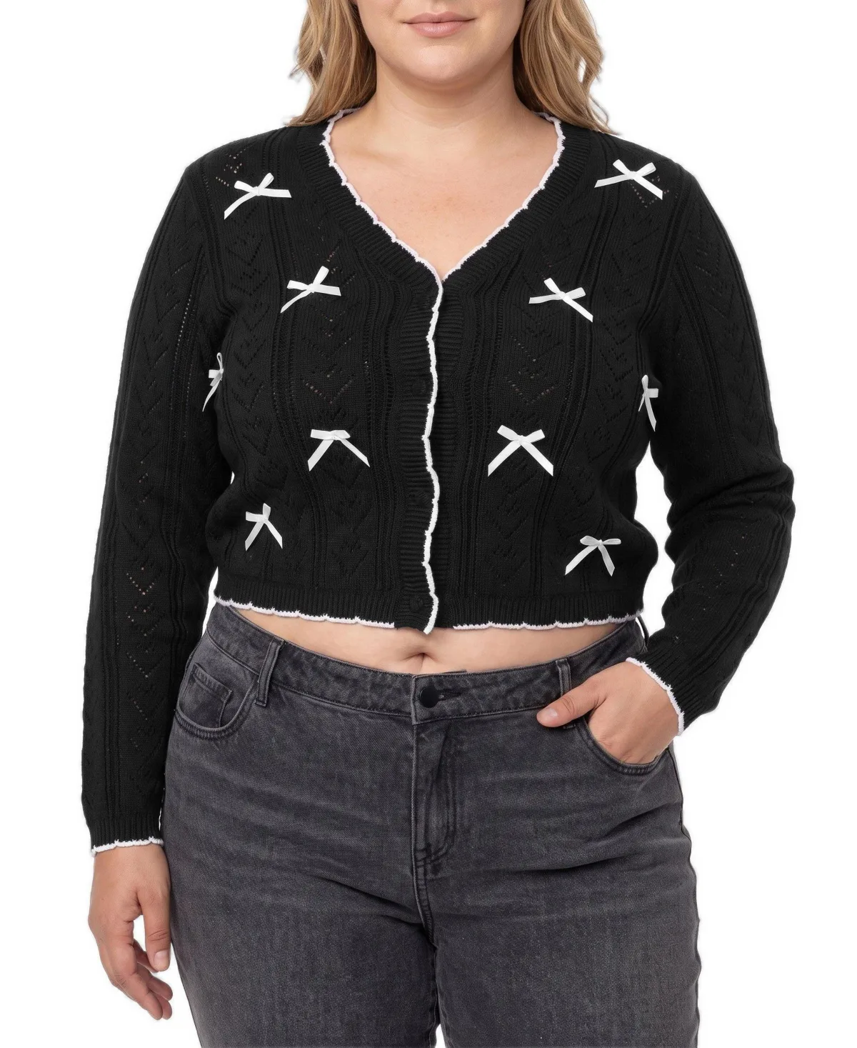 Lovesick Cropped Pointelle Bow Cardigan by Torrid