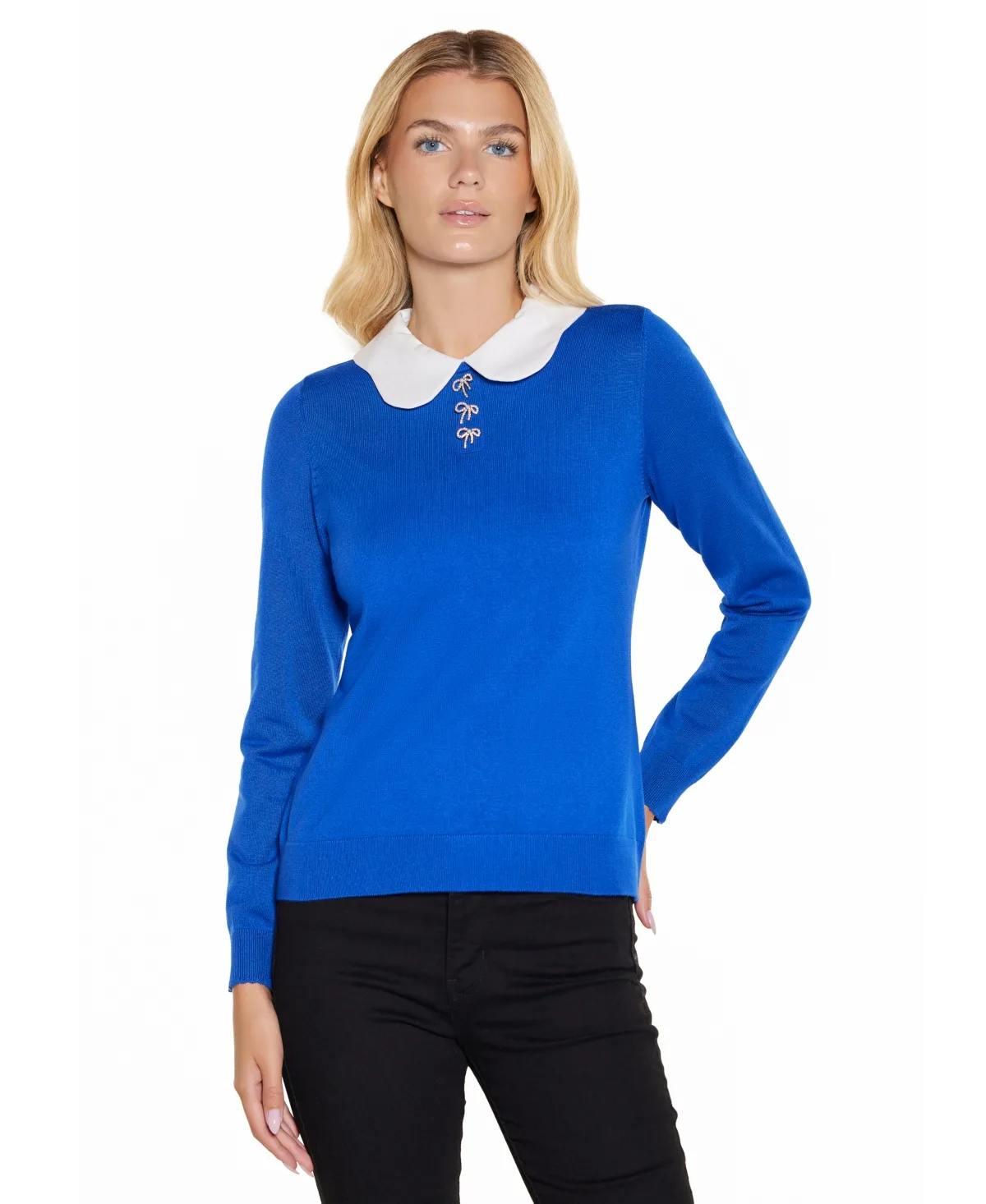 Scalloped Keyhole-Back Long-Sleeve Rayon-Blend Pullover Sweater by Belldini