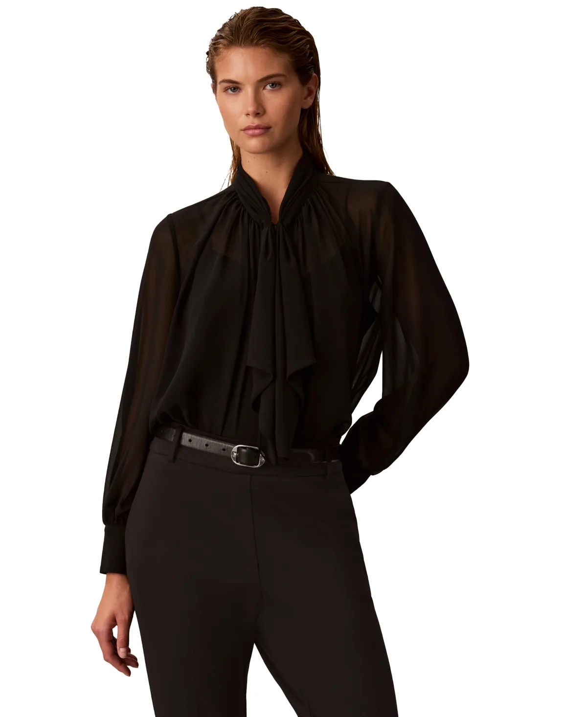 Long-Sleeve Ruffle Neck Chiffon Blouse by Calvin Klein