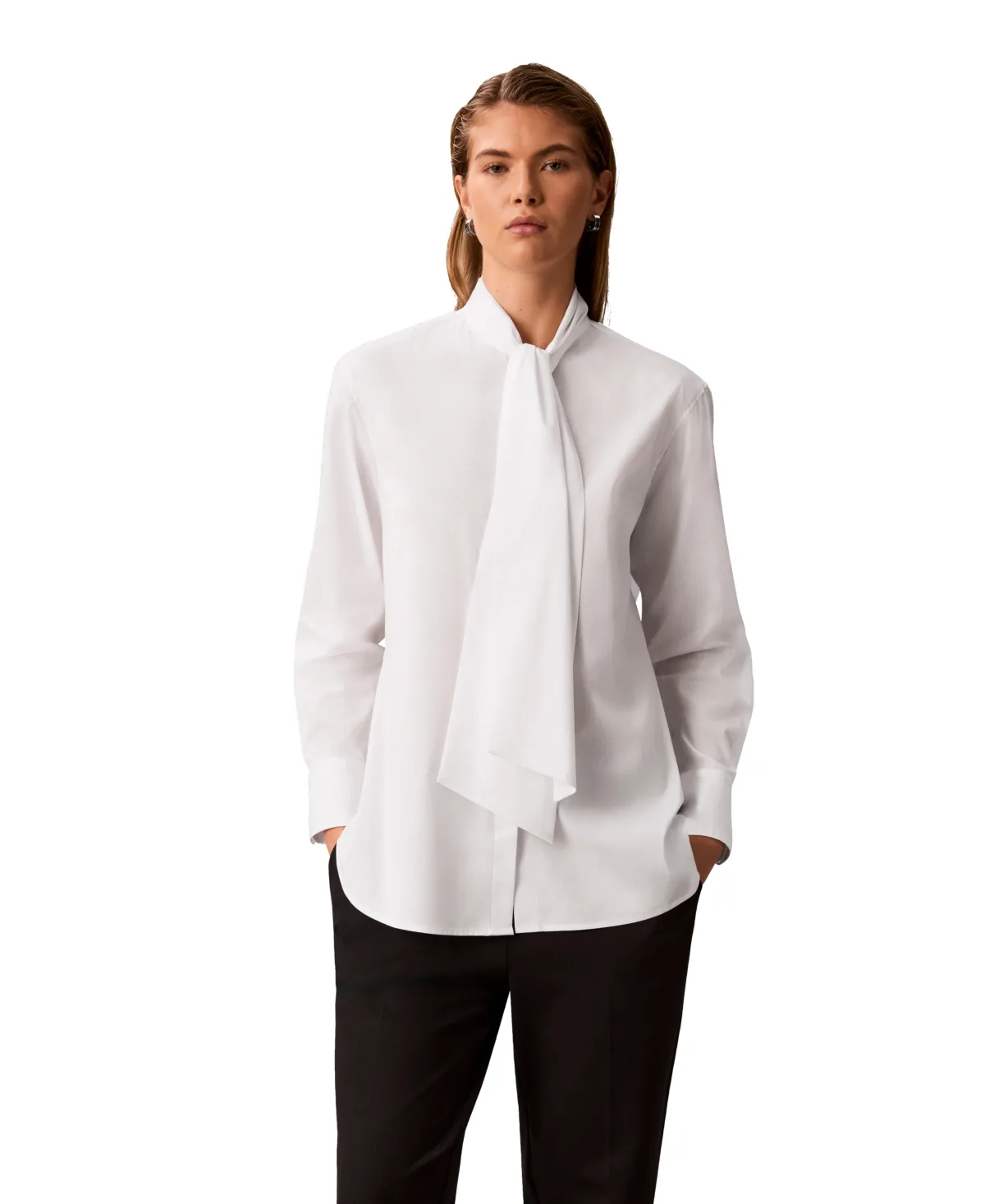 Button-Down Long-Sleeve Tie-Neck Blouse by Calvin Klein