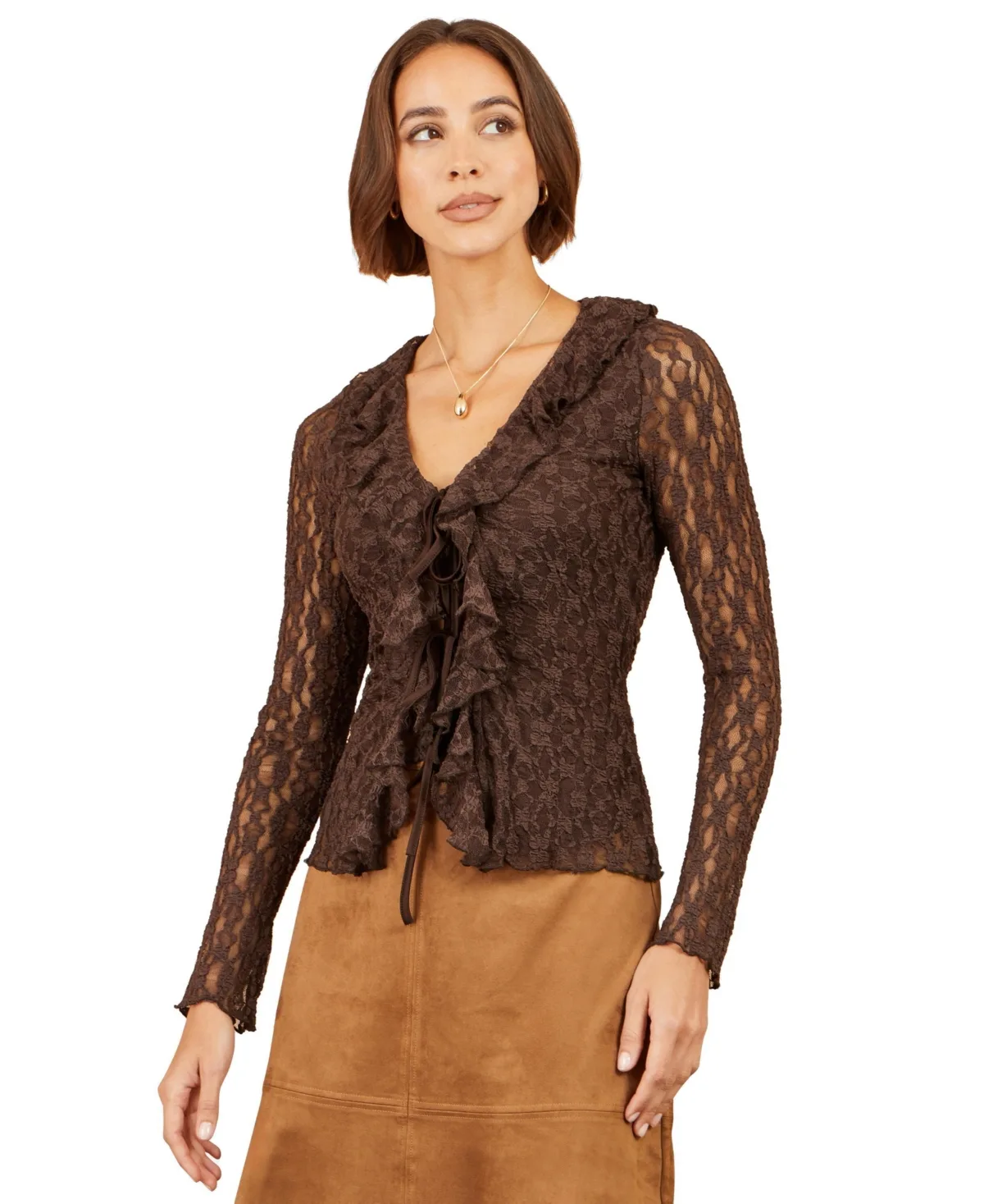 Sheer Long Sleeve Ruffle Lace Top by Yumi