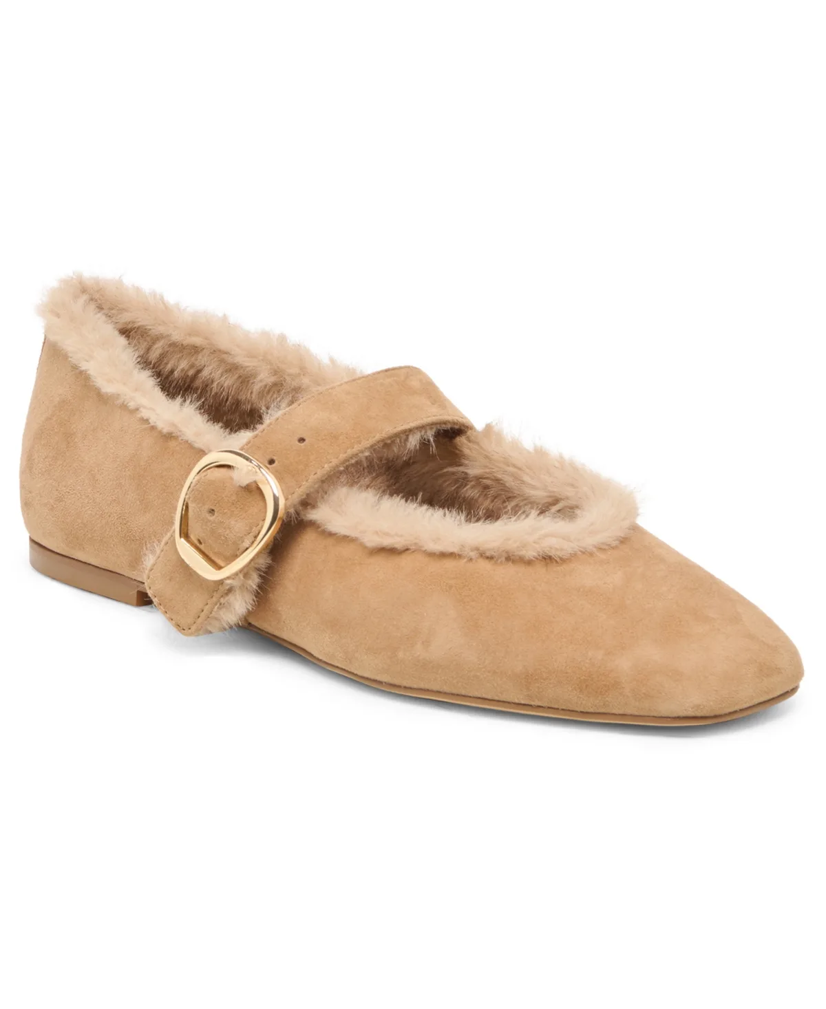 Mella Plush Buckle Mary Jane Flats - Light Brown Suede