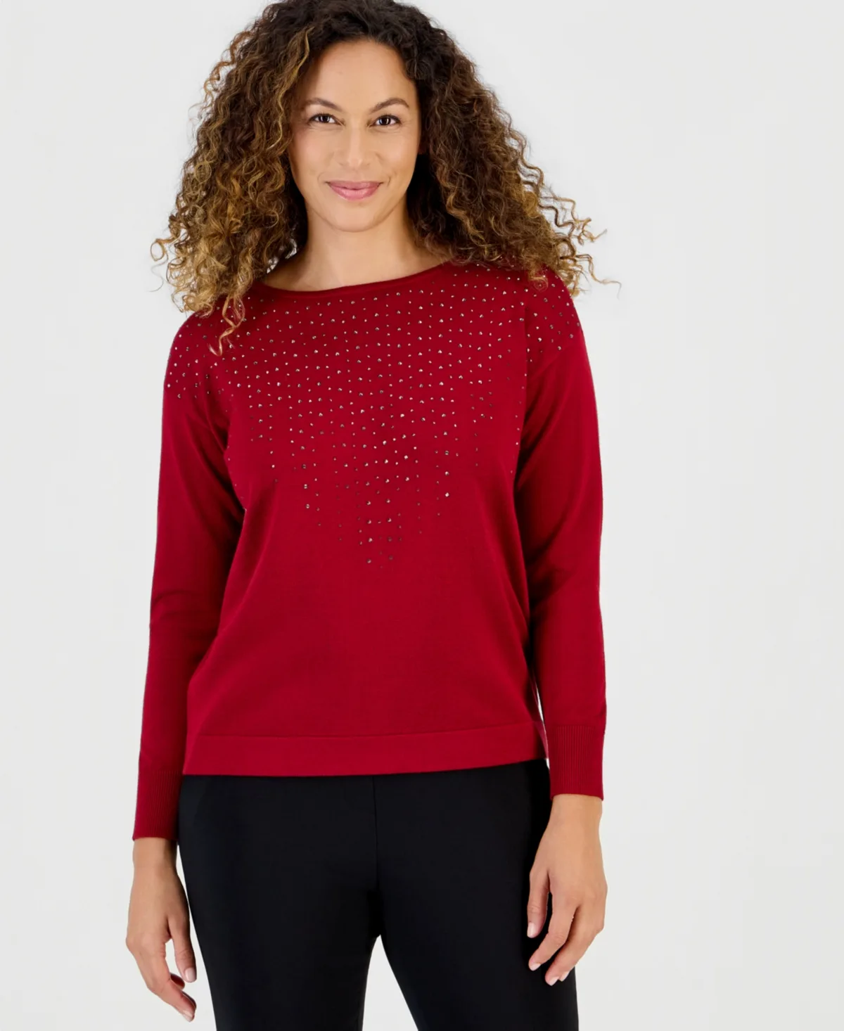 Essentials Raining Sequin Boat-Neck Long-Sleeve Embellished Sweater by Anne Klein