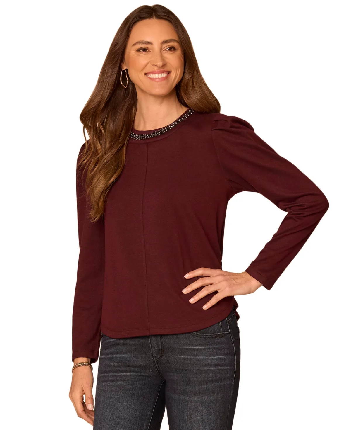 Long-Sleeve Rhinestone Scoop-Neck Blouse by Democracy