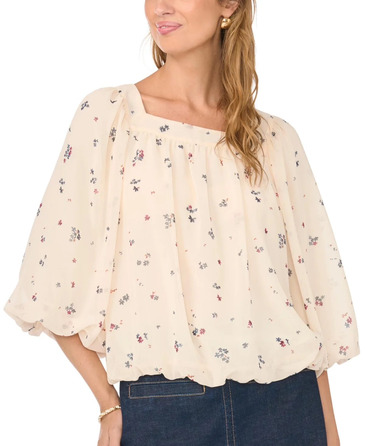 Square Neck Floral 3/4-Sleeve Blouse