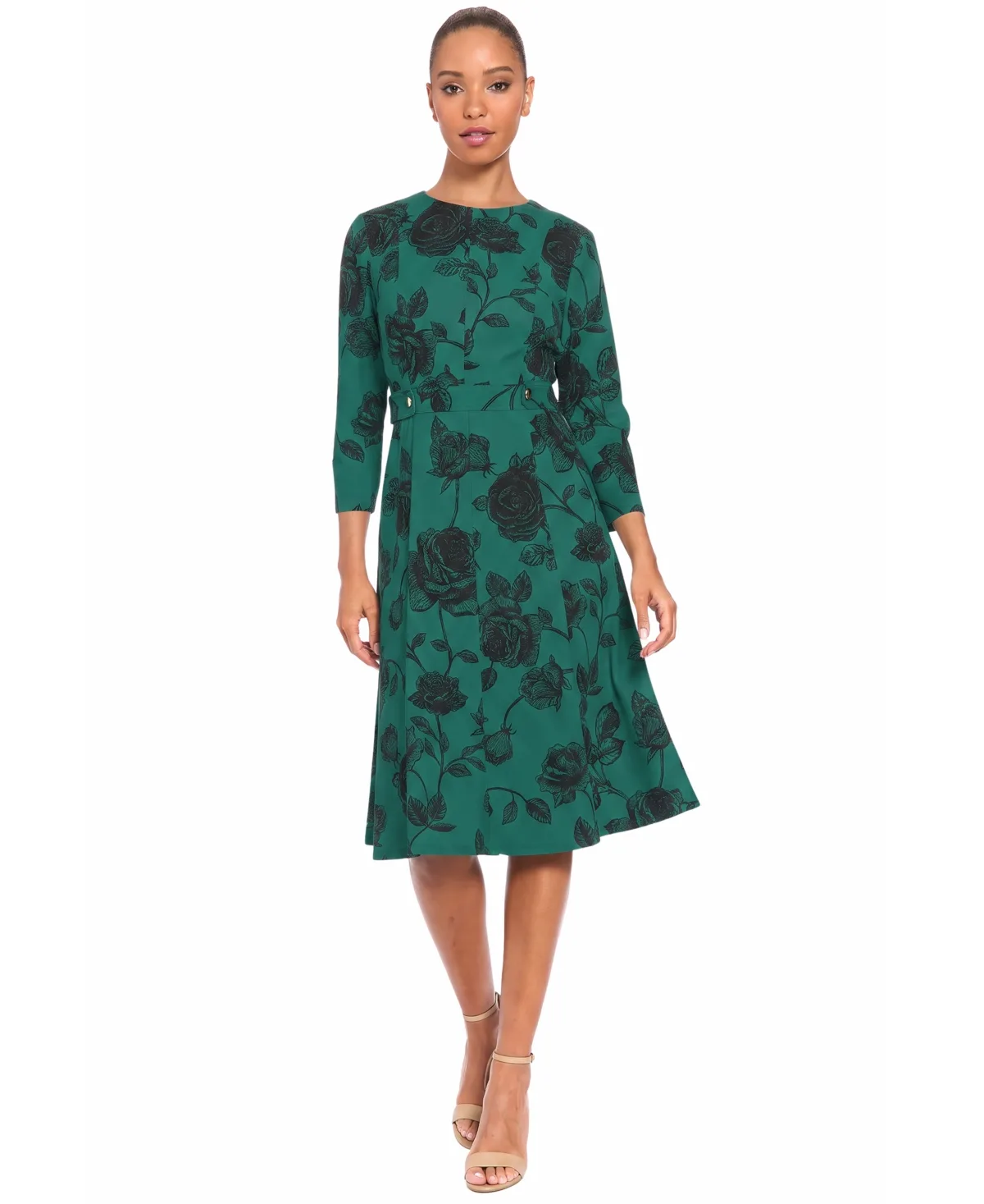 Printed Side Tab Floral A-Line 3/4-Sleeve Midi Dress by London Times