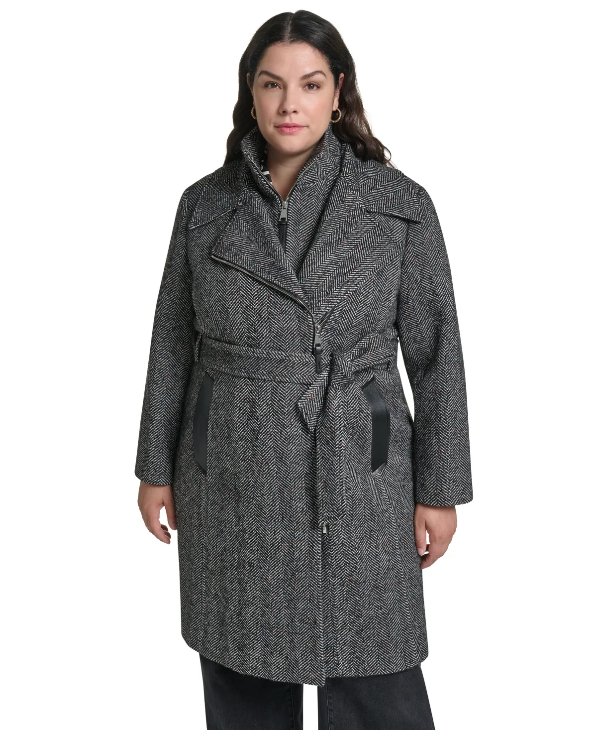 Wool-Blend Belted Wrap Coat with Bib by DKNY