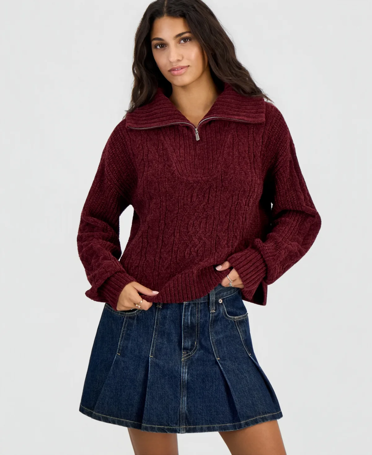 Cable-Knit Quarter-Zip Long-Sleeve Sweater by Hippie Rose