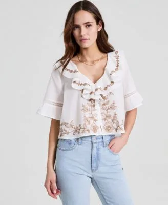 Embroidered Elbow Sleeve Flyaway Blouse by And Now This