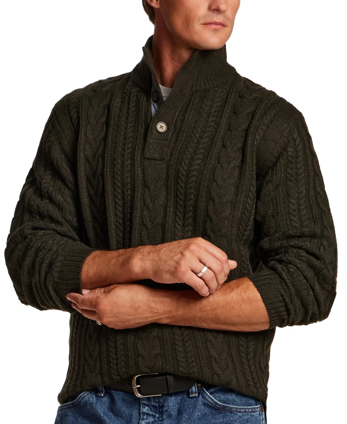 Cable-Knit Mock Neck Quarter-Button Sweater by Weatherproof Vintage