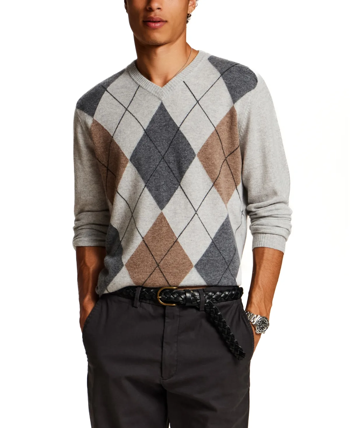 Argyle Merino and Cashmere Blend V-Neck Sweater by Vintage & Black