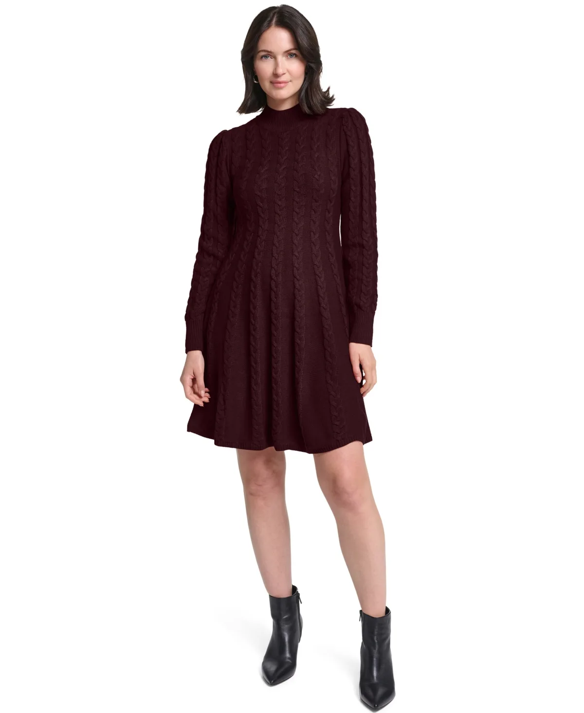 Long-Sleeve Cable Fit & Flare Mock Neck Knee Length Dress