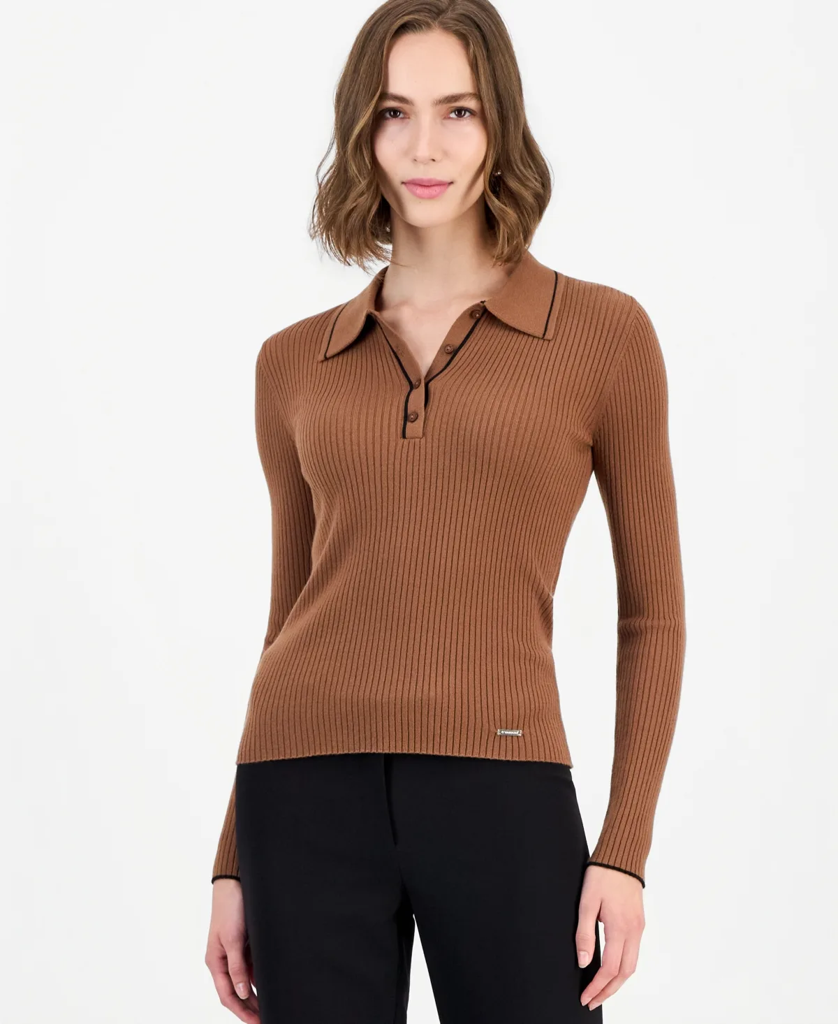Long-Sleeve Ribbed Polo Sweater by Tahari