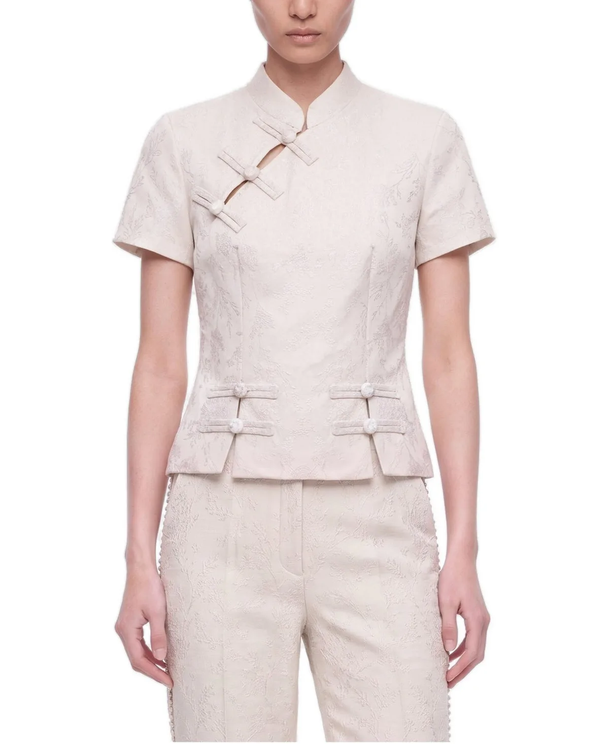 Short-Sleeve Floral-Print Blouse with Chinese Button Detail by Nocturne