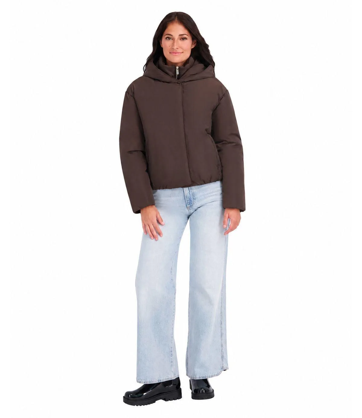 Memory Fabric Puffer Jacket with Attached Hood and Stand Collar by Kensie