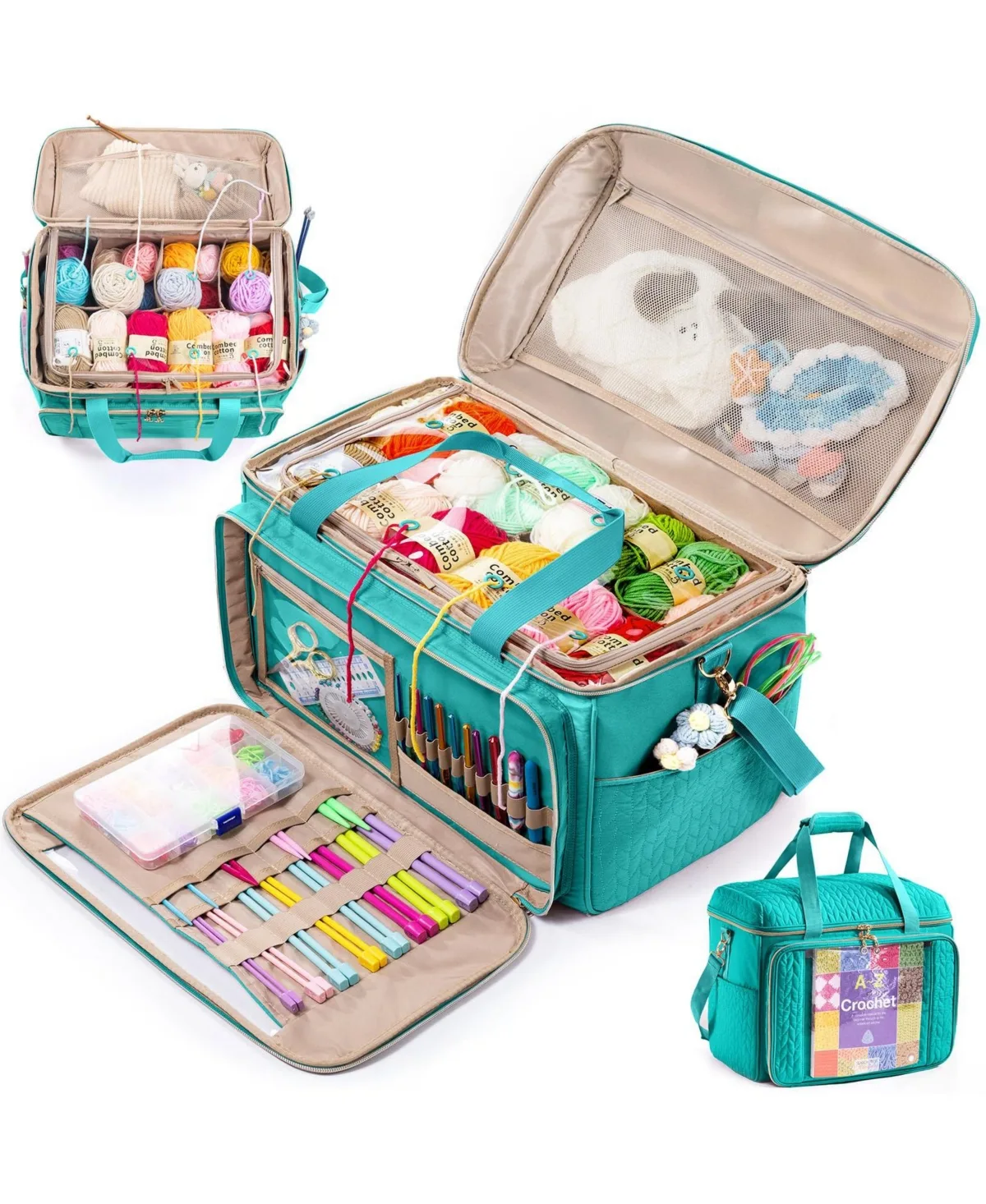 Yarn Storage Bag Crochet Knitting Organizer with Pockets Hooks and Carrying Strap by Aeelike