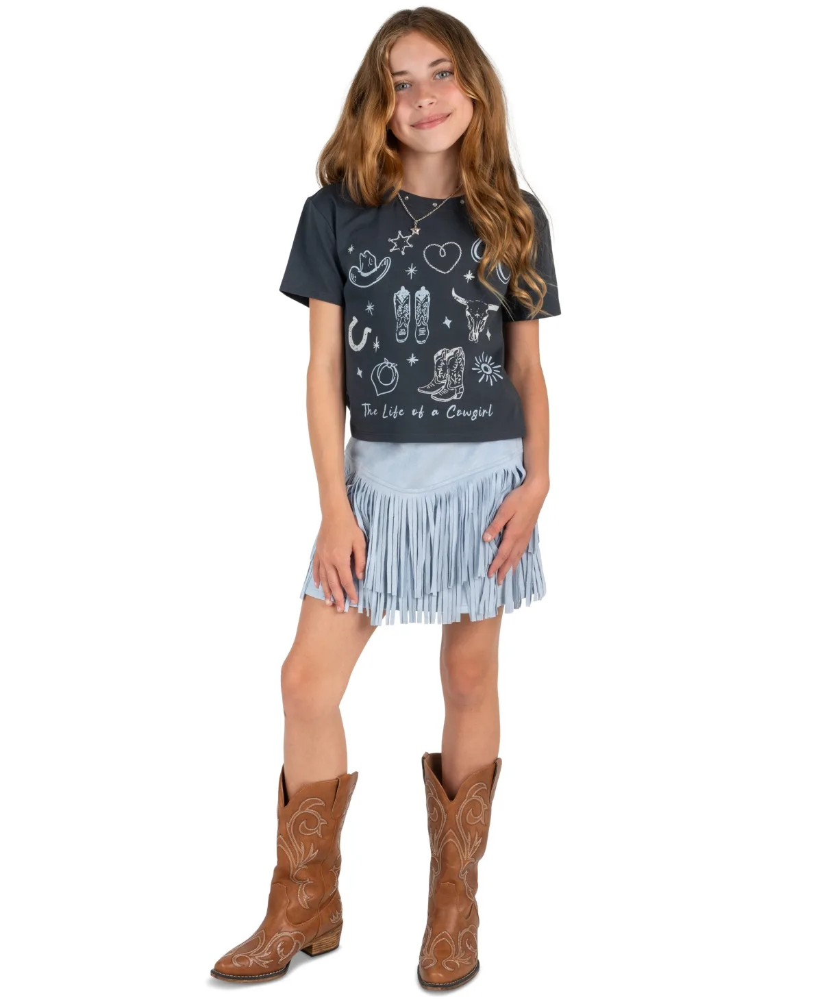 Graphic Fringe Cropped T-Shirt, Skirt, and Necklace, 3-Piece Set by Tween Diva
