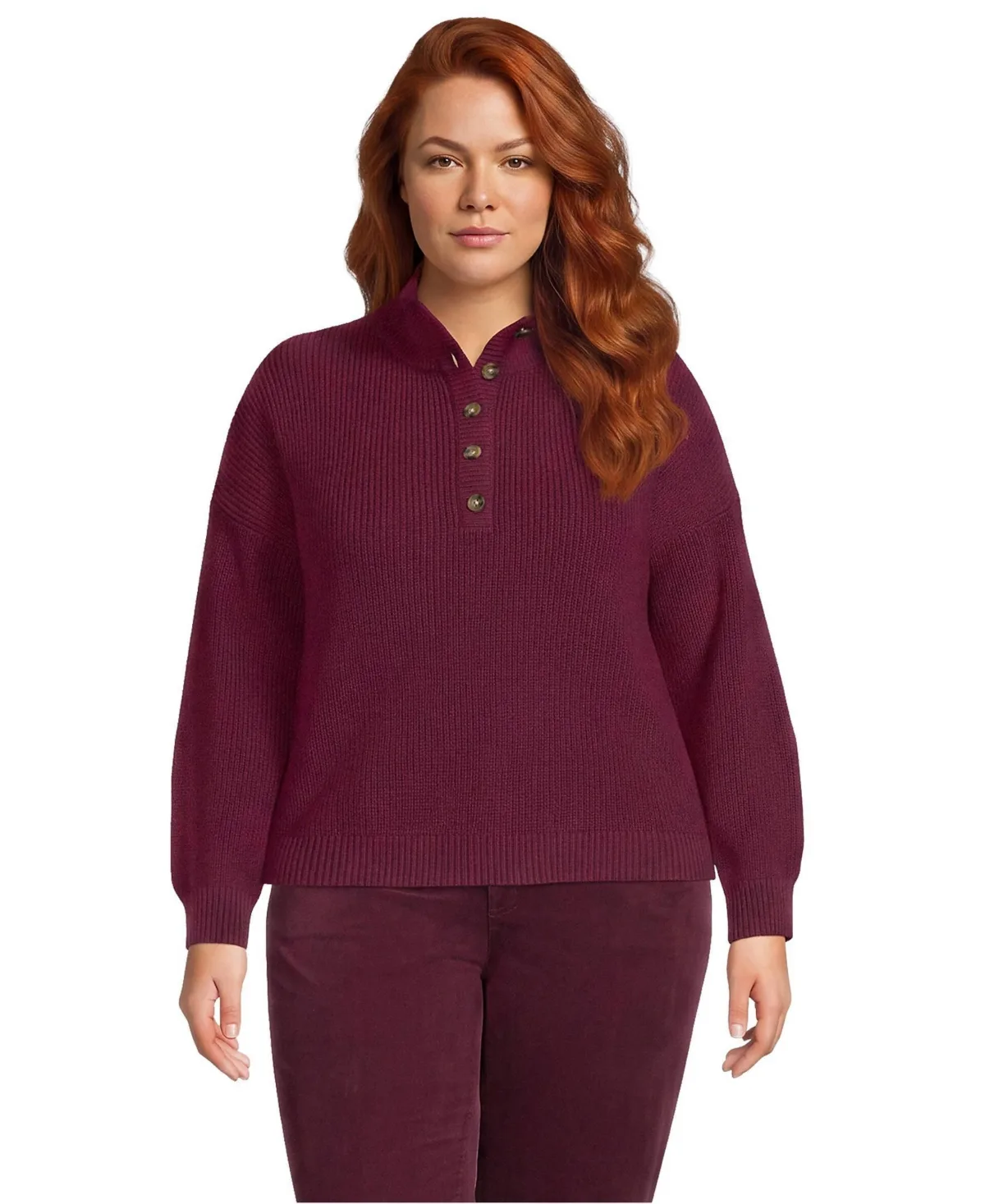 Cotton Button Up Henley Sweater by Lands' End