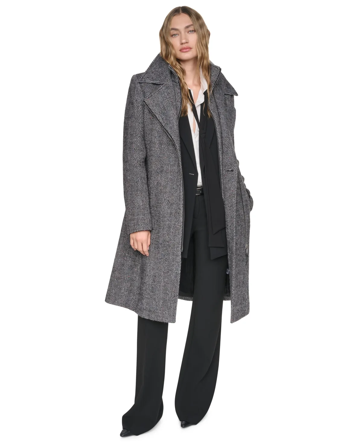 Wool Belted Wrap Coat with Bib by DKNY
