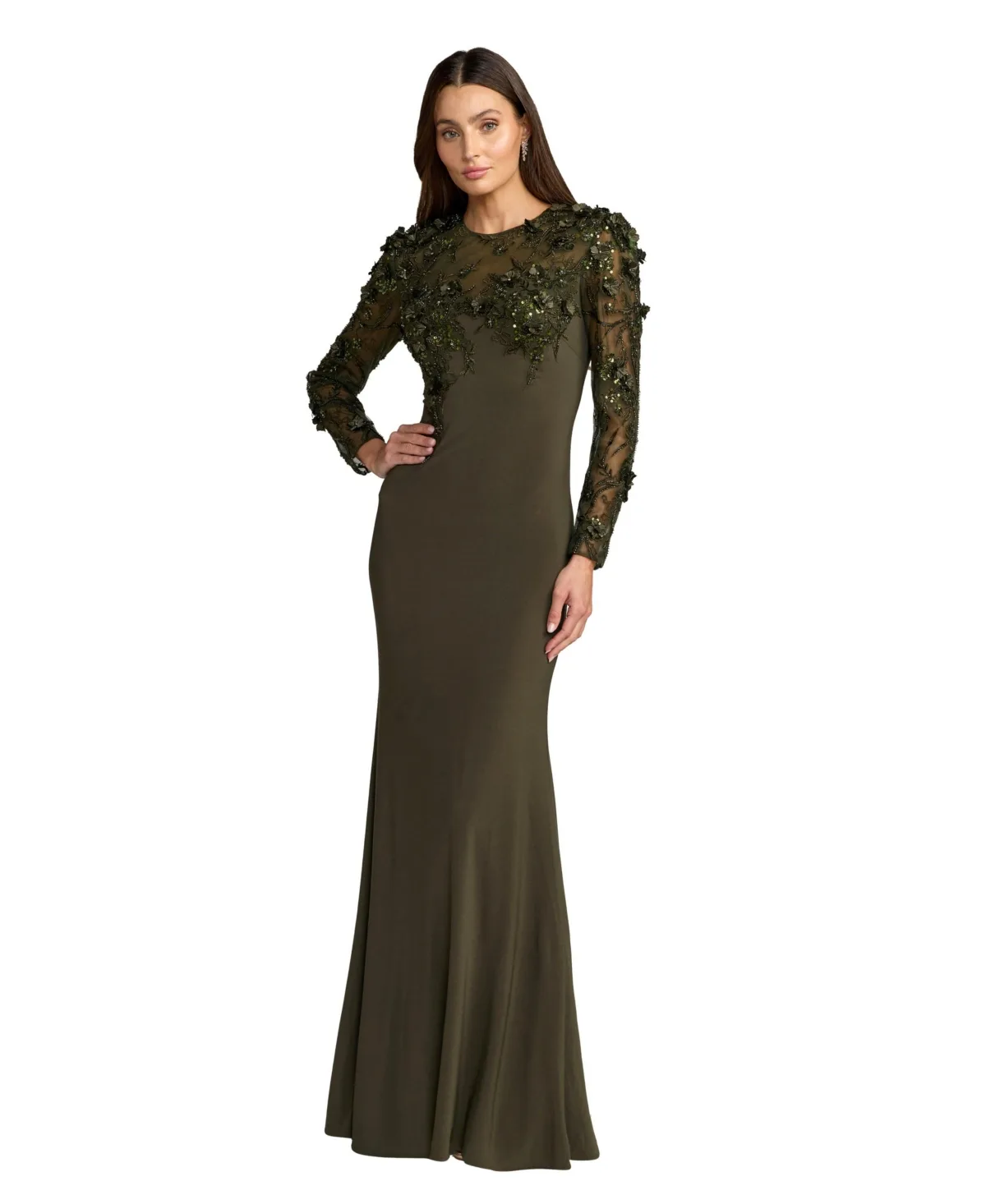 Mac Duggal Jersey Long Sleeve Fitted Gown with Floral Beading by M.A.C.