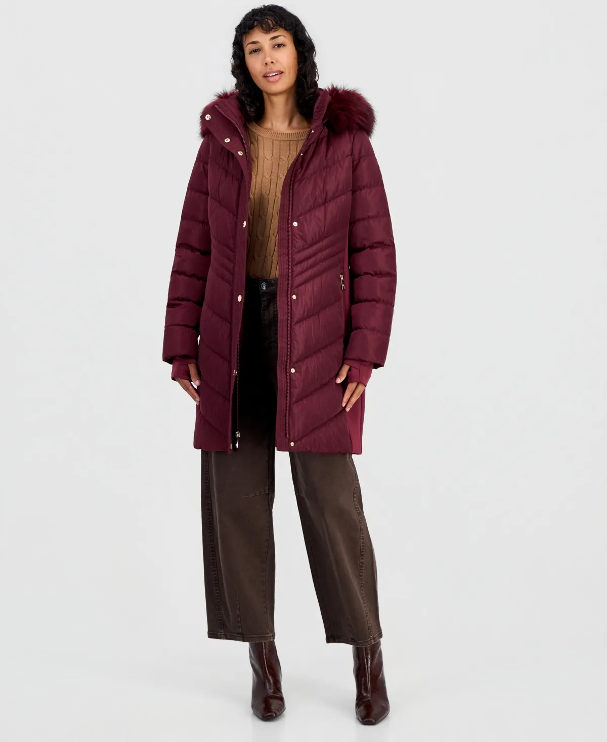 Faux-Fur-Trim Hooded Puffer Coat